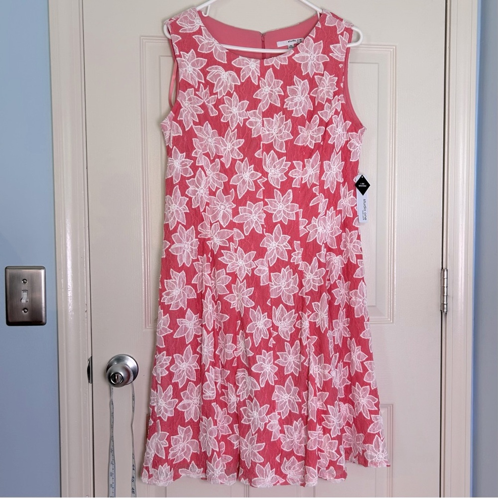 💐Spring  Dress Sale Studio One NY Floral Lace Overlay Coral Midi Dress Sz 18 NWT